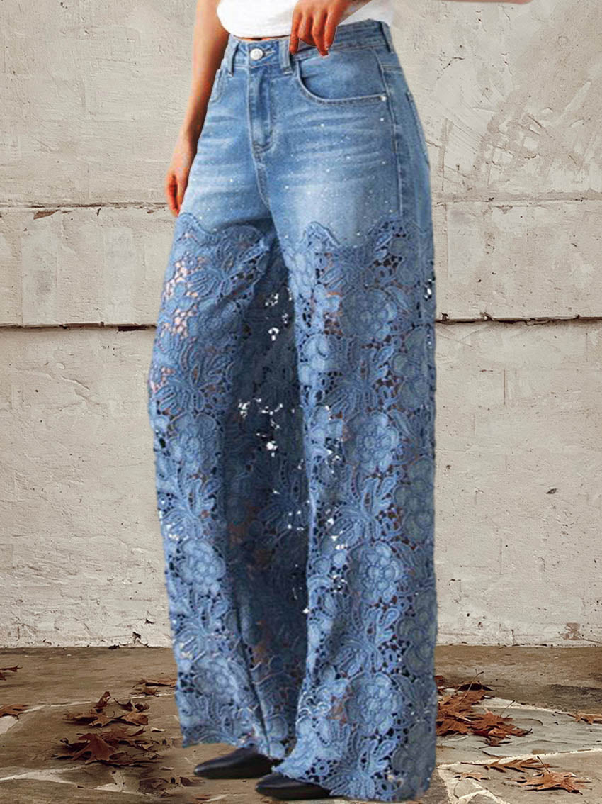 Léna – Jean Patchwork à Dentelle Mi-Hauteur