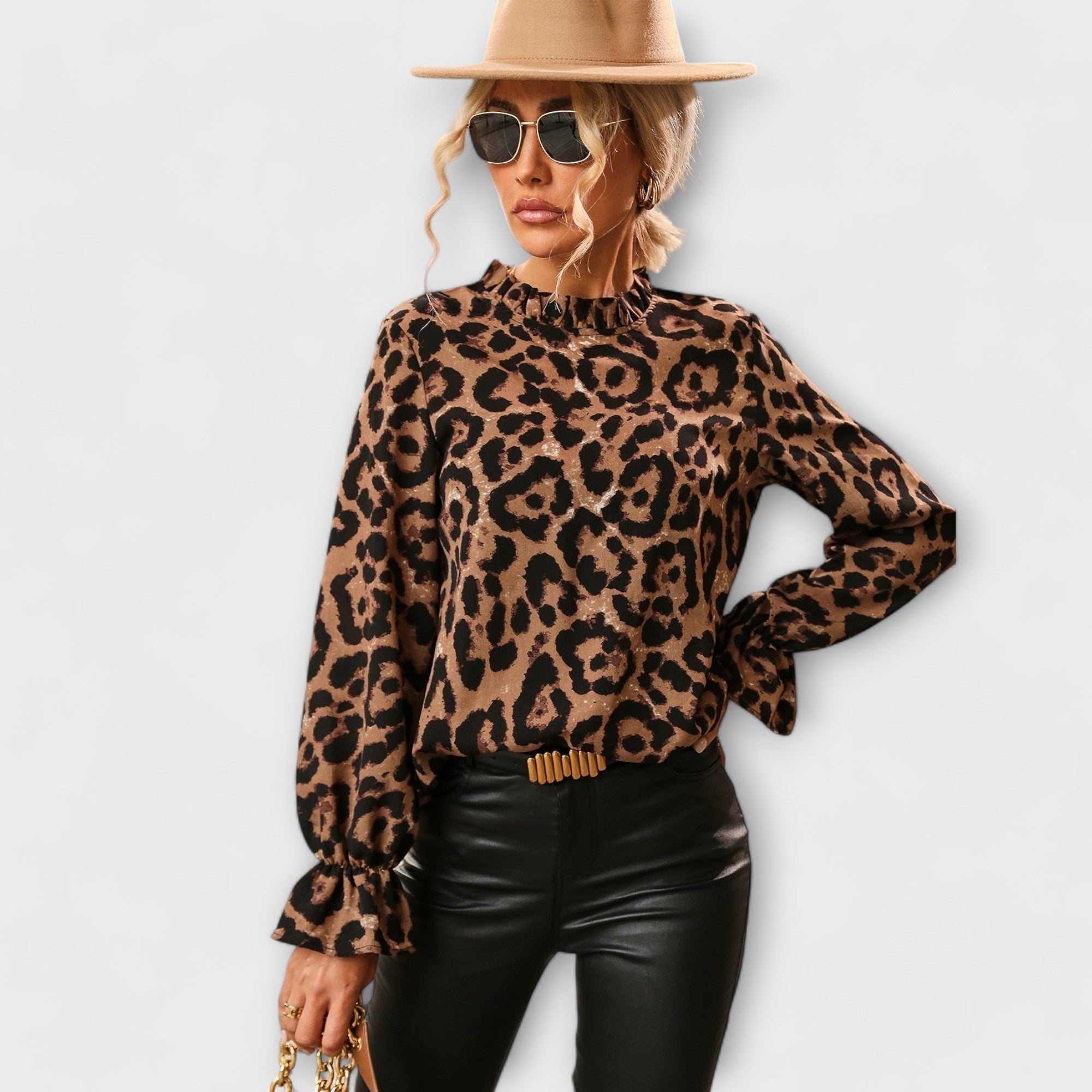 Valenya | Blouse à Imprimé Léopard et Col Plissé