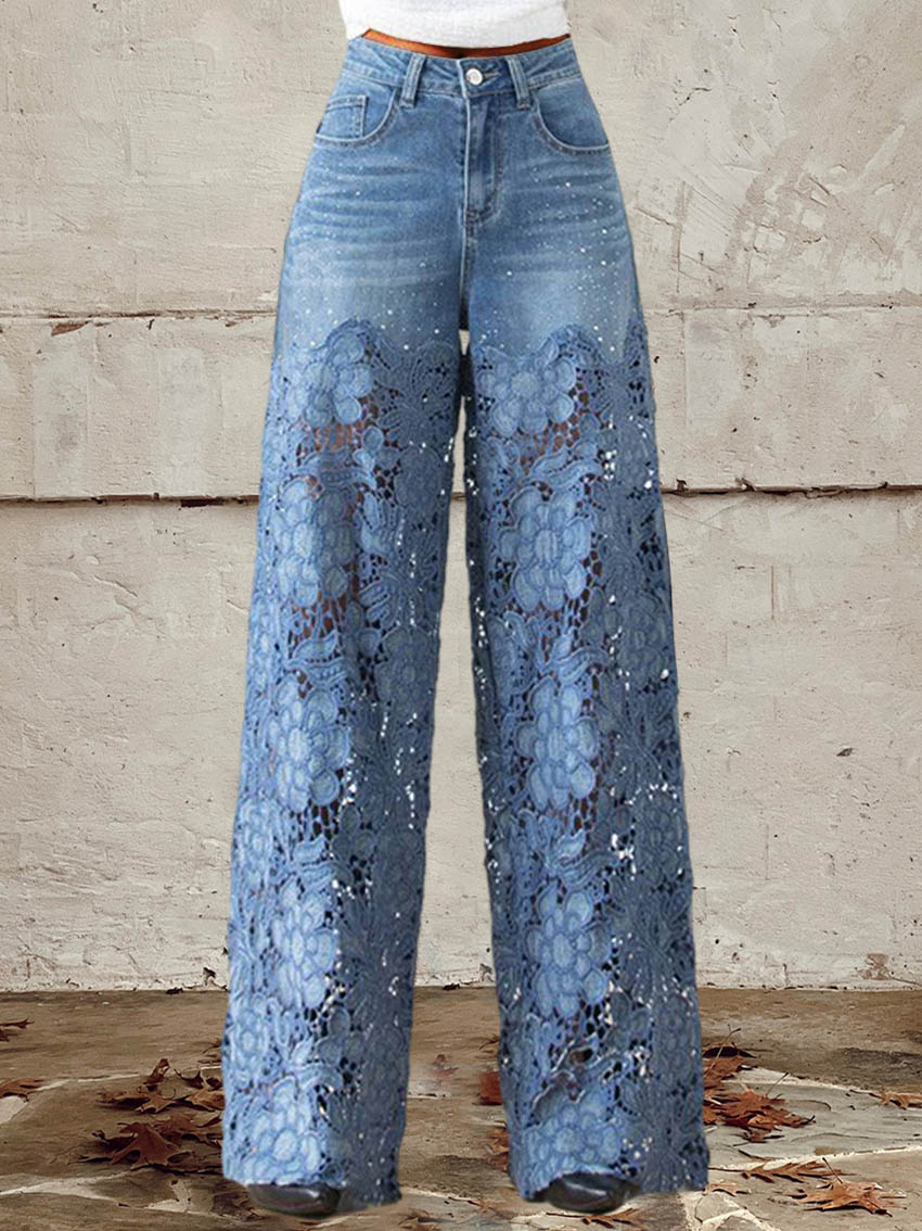 Léna – Jean Patchwork à Dentelle Mi-Hauteur