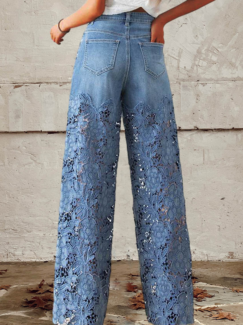 Léna – Jean Patchwork à Dentelle Mi-Hauteur